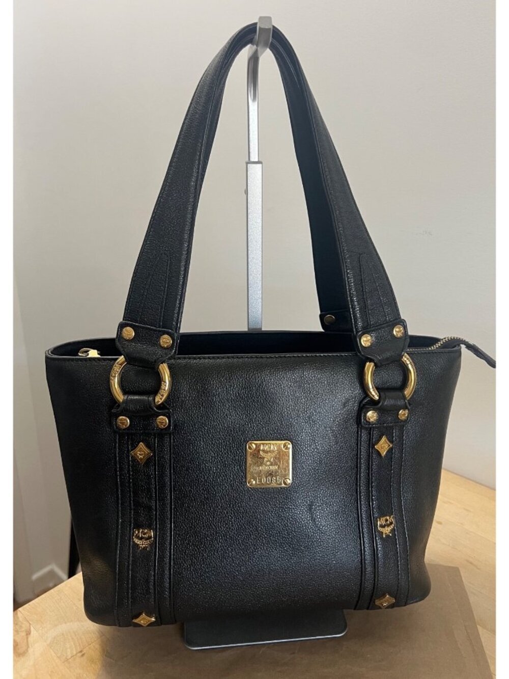 MCM Munchen Black Leather Tote Shoulder Bag With Gold Hardware & Logo Accents